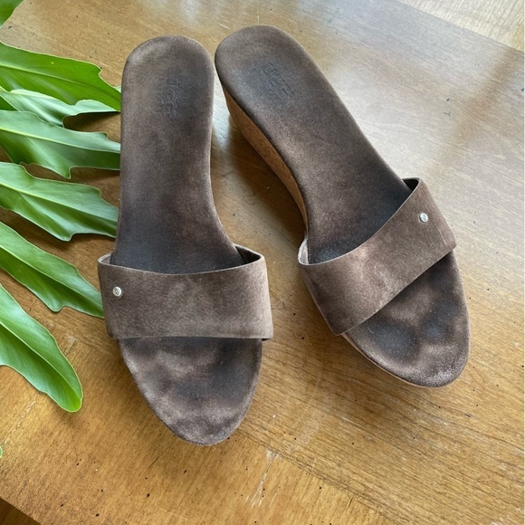 Ugg Platform Wedge Cork Slide Sandals Chocolate Brown Suede Leather - Basil - Picture 9 of 9